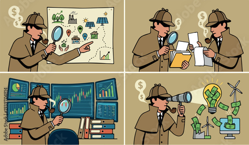 Search career roadmap process development research management improvement development company chart assessment with magnifying glass smoking pipe with dollar sign smoke 