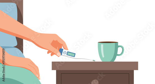 A light-skinned hand reaches from a bed to pick up a digital thermometer from a dark brown bedside table.