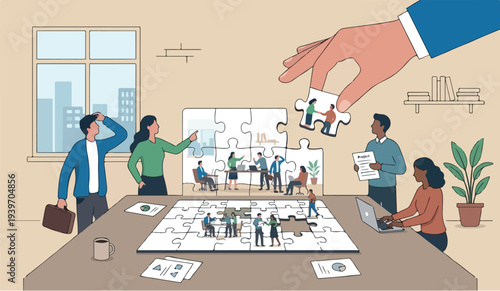 Build how can toleadership develop teamwork or business partner, cooperate or Big Desk collaborate for success, assist or to help, giant businessman hand connect last jigsaw puzzle to office business 
