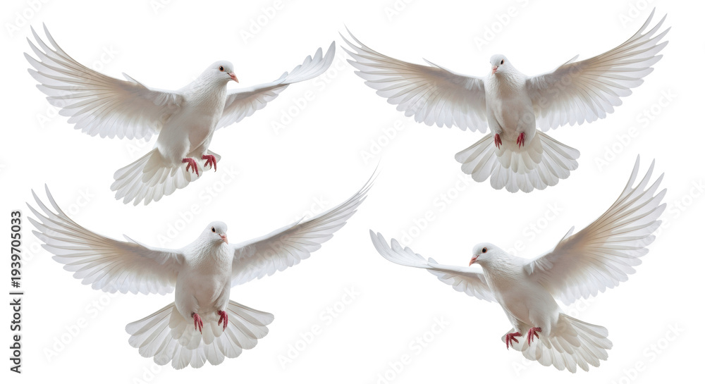 Fototapeta premium Four transparent doves in graceful flight, wings fanned, delicate pink beaks and feet, captured from a top-down view against a transparent studio background. Concept of peace and freedom