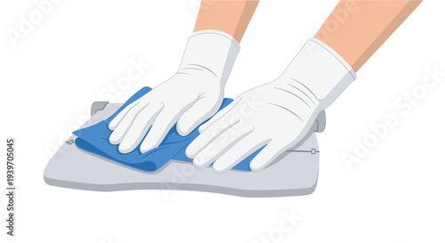 Two hands wearing white protective gloves are diligently wiping a smooth gray surface with a vibrant blue cleaning cloth on a pristine white background.