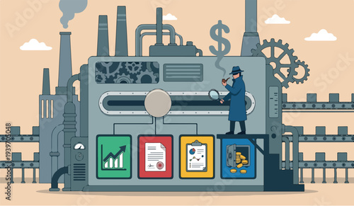 Search improvement development company chart assessment with magnifying glass smoking pipe with dollar sign smoke