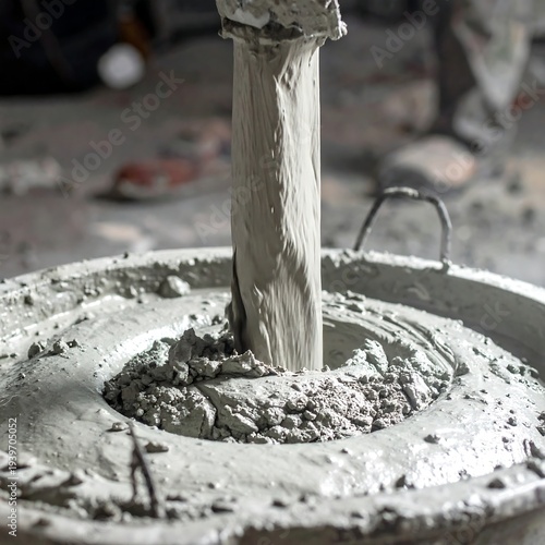 A close-up shows a stream of cement pouring into a circular container, with details of the wet mixture