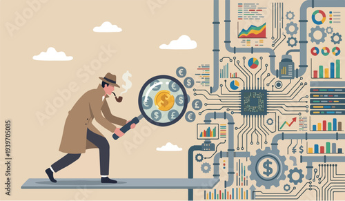 Search chart assessment with magnifying glass smoking pipe with dollar sign smoke