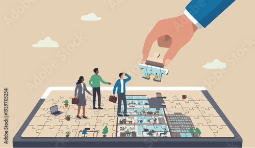 Build goodhow can to of the ho for go leadership develop teamwork or business partner, cooperate or Big Desk collaborate for success, assist or to help, giant businessman hand connect last jigsaw