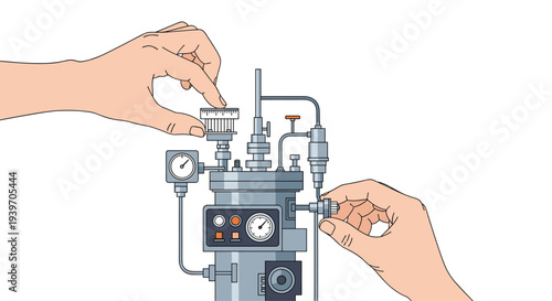 Two hands meticulously adjust a complex gray industrial machine, turning a top component and a side knob with precision.