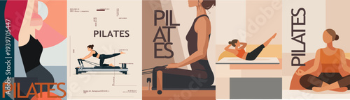 Pilates workout vector poster collection with women exercising on reformer and mat. Modern fitness illustrations showing stretching, core training, balance and healthy lifestyle wellness practice.