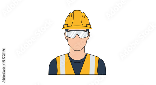 A construction worker is depicted in a frontal portrait, wearing a yellow hard hat, clear safety glasses, and a high-visibility vest.