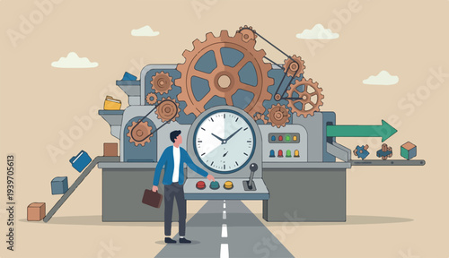 Efficiency or productivity, manage resources time optimize to best work result, increase performance with effective process, businessman combine big desk clock timer gear cogwheel for best efficiency.