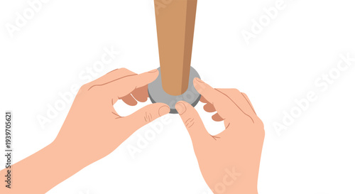 Two cartoon hands are holding a flat, circular grey washer around a smooth, light brown cylindrical wooden pole or furniture leg.