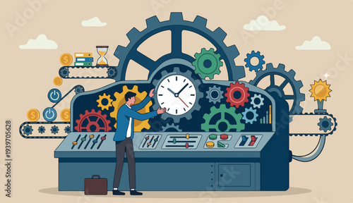 Efficiency or productivity, manage resources and time optimize best work result, increase performance with effective process, businessman combine big desk clock timer and gear cogwheel for best
