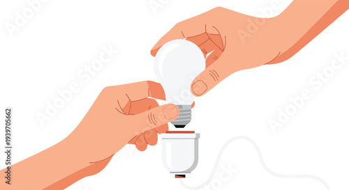 Two cartoon hands are carefully screwing a clear glass light bulb with a metallic base into a white plastic light socket with an attached cord.