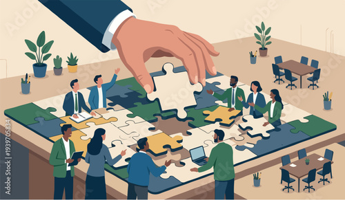 Build onin good how can to of the ho for go leadership develop teamwork or business partner, cooperate or Big Desk collaborate for success, assist or to help, giant businessman hand connect last jigsa