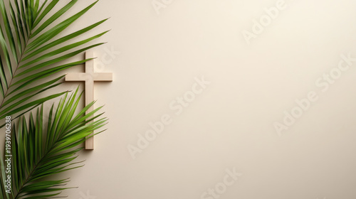 Wooden cross surrounded by vibrant green palm fronds and tropical leaves, representing Palm Sunday and Easter celebrations, a triumph of faith and new beginnings. Palm Sunday ,