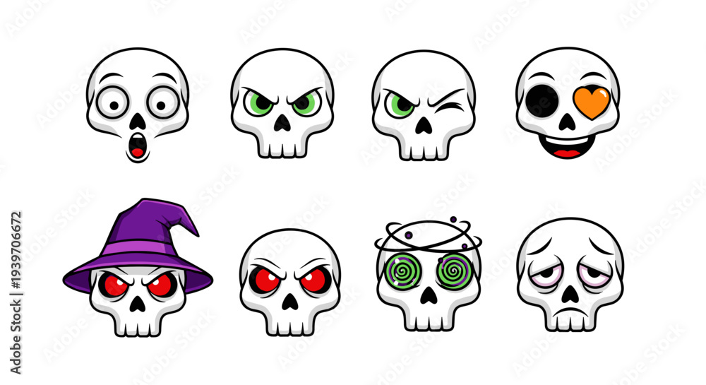 Fototapeta premium Collection of eight unique cartoon skulls with varied expressive emotions and styles including a witch hat skull