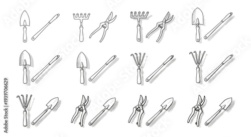 Collection of hand-drawn gardening tools including trowels, rakes, and pruners