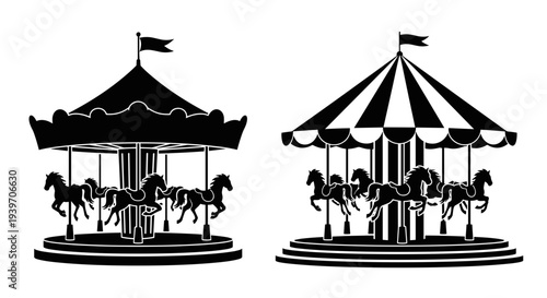 Two classic carousel merry go round rides with horses depicted in silhouette on a white background offering a nostalgic