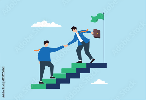 Flat illustration business leader help employee climb top stair with green flag symbolizing mentoring support achieving success