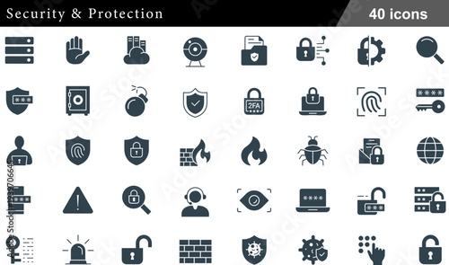 Security and Protection Solid Icons Set Cybersecurity, Data Privacy, Access Control, Surveillance and Safety Symbols for Digital Protection