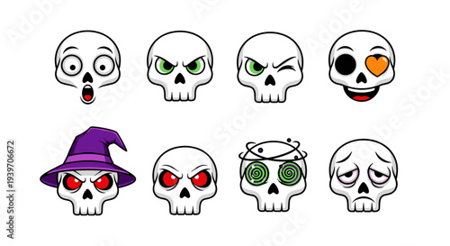 Collection of eight unique cartoon skulls with varied expressive emotions and styles including a witch hat skull