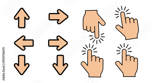Collection of digital cursor icons including directional arrows and pointing hand gestures for website navigation user