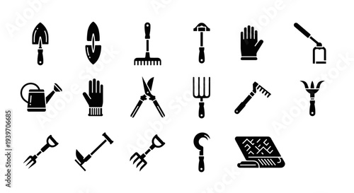 Collection of black silhouette icons representing various gardening tools and equipment