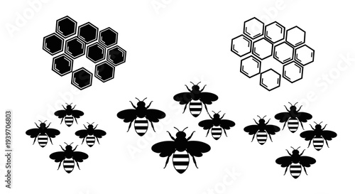 Black and white graphic illustration of a swarm of stylized bees and honeycomb patterns arranged in clusters on a white