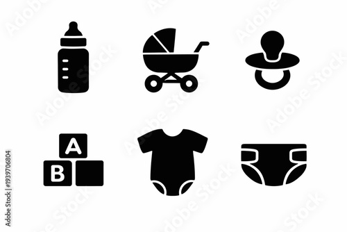Baby essentials icons: bottle, stroller, pacifier, blocks, onesie, diaper