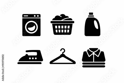 Laundry icons: washing machine, basket, detergent, iron, hanger, folded clothes