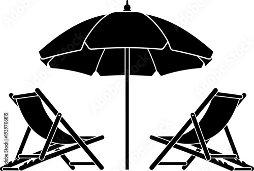 Beach scene with two deck chairs and umbrella