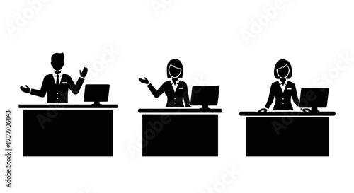 Silhouettes of diverse professionals at reception desks with computers offering welcoming service and assistance