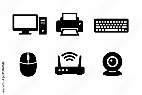 Essential computer accessories: monitor, printer, keyboard, mouse, router, webcam icons