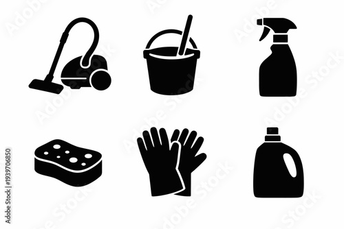 Silhouette icons of cleaning tools: vacuum, bucket, spray bottle, sponge, gloves, detergent