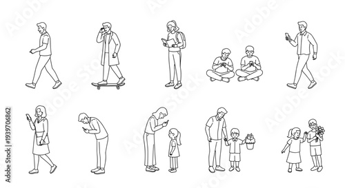 Collection of simple line art illustrations depicting diverse people engaged with smartphones walking sitting