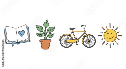 Open book with heart, potted plant, bicycle, and smiling sun icons
