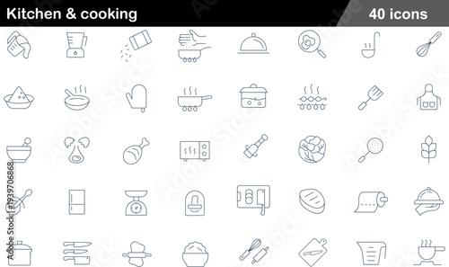 Kitchen and Cooking Thin Line Icons Set Culinary Tools, Kitchen Appliances, Cooking Utensils, Food Preparation and Recipe Symbols for Home and Restaurant