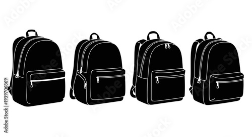 Four black backpacks lined up in a row showcasing their zippers pockets and straps against a clean white background