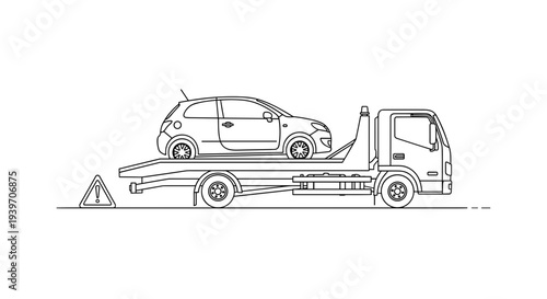 Flatbed tow truck transporting a small car with a hazard warning triangle clean line art illustration of roadside