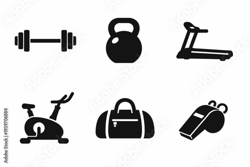 Silhouette icons of fitness equipment: dumbbell, kettlebell, treadmill, stationary bike, gym bag, whistle