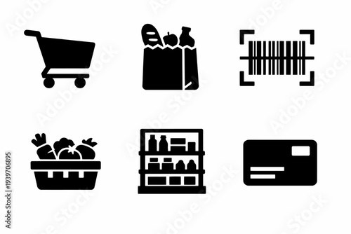 Shopping icons: cart, groceries, barcode, produce, shelf, payment card illustrations