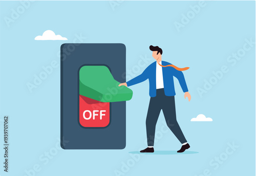 Flat illustration of businessman turning off giant switch to take break from work symbolizing digital detox burnout recovery and work-life balance