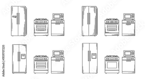 Collection of kitchen appliances including refrigerators, stoves, and microwaves in a line drawing style