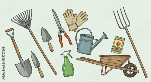 Collection of gardening tools and supplies for planting and cultivation