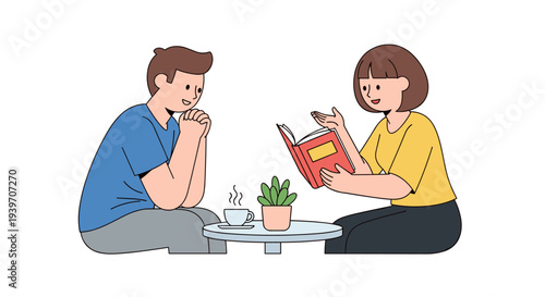 Couple enjoying coffee and reading a book together in a cozy cafe setting