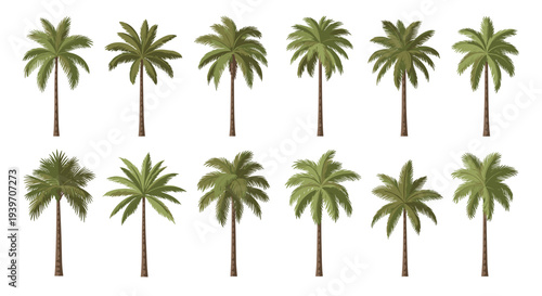 Collection of twelve distinct palm trees each with a slender brown trunk and a vibrant green crown of fronds isolated