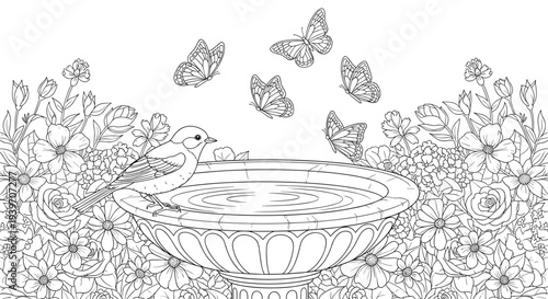 Whimsical garden scene with a small bird perched on a birdbath surrounded by blooming flowers and fluttering