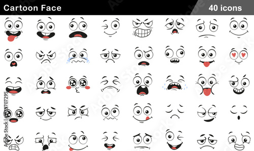 Cartoon Face Bold Line Icons Set Expressive Emotions, Animated Character Faces, Smiley Reactions, Winking and Surprised Vector Graphics for UI Design