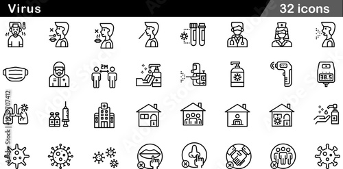 Virus Outline Icons Set Pandemic Prevention, Medical Symptoms, Hygiene Protocols, Quarantine Symbols and Healthcare Vector Graphics for Public Health