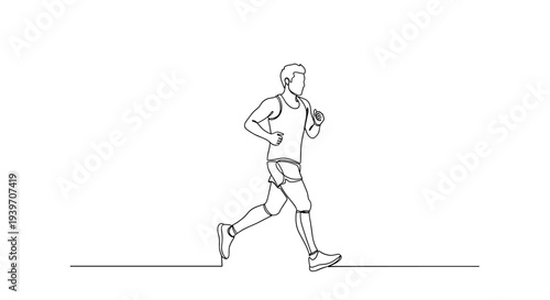 Minimalist line drawing of a man running, conveying motion and fitness in a simple style