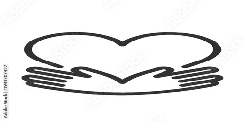 A heart in hands rests above a white plate with a silver fork and knife on a restaurant table, symbolizing a love for gourmet dining and a delicious kitchen meal isolated on a clean menu background